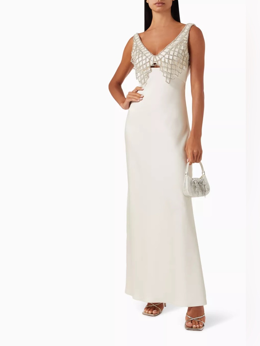 Self-Portrait Diamanté Bralette Maxi Dress in Cream Ivory Satin Rhinestone US 2 - Picture 2 of 10